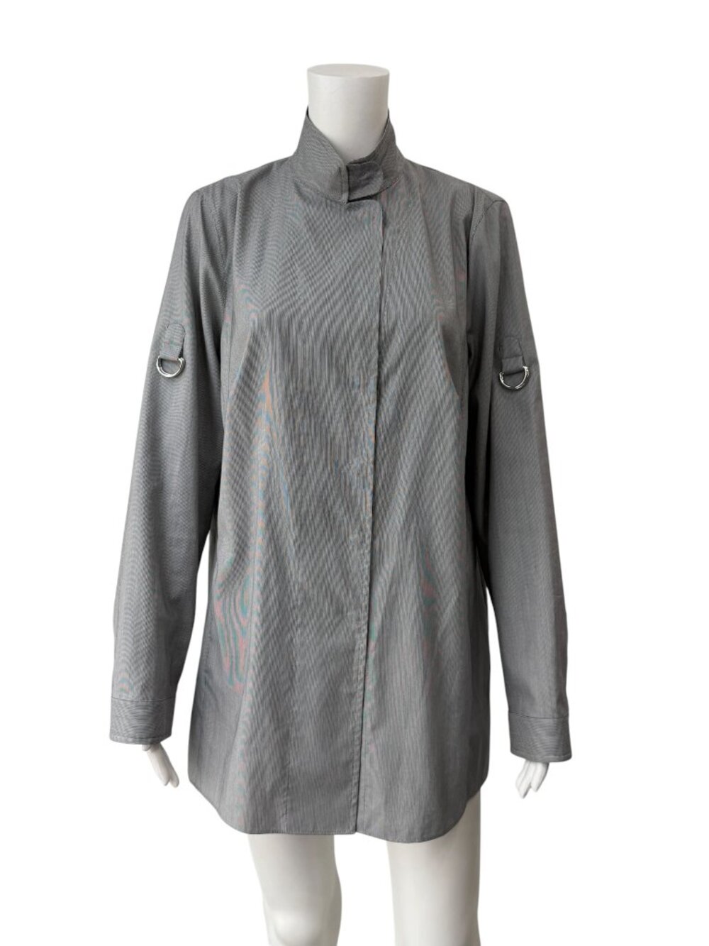 Akris Punto Gray Mini Stripe Mock Neck Tunic Blouse Top size 14/46